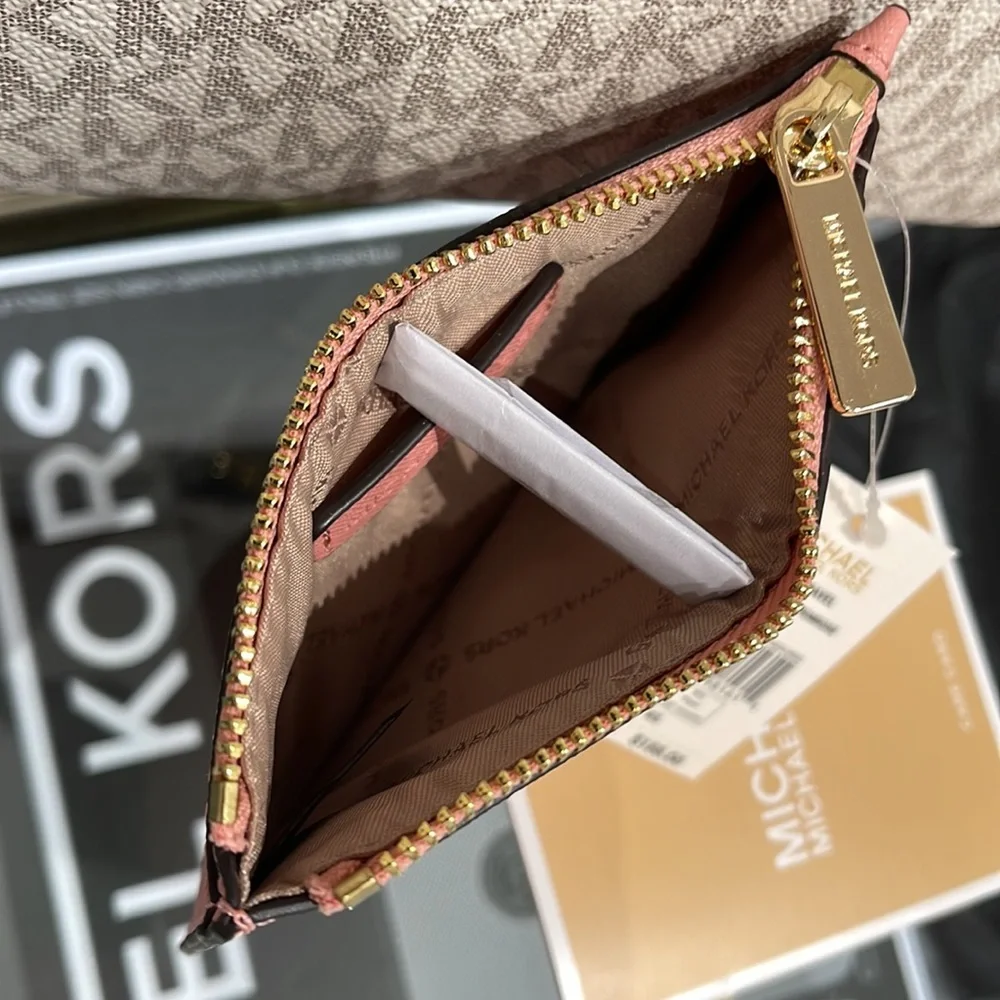 MICHAEL KORS Jet Set Travel Medium Top Zip Leather Card Case Wallet Primrose NWT